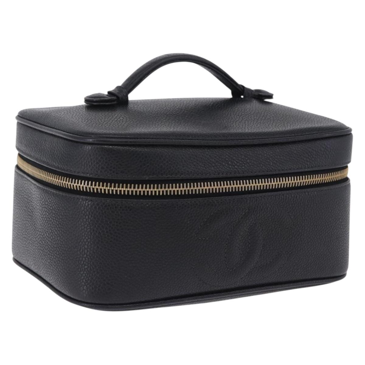 CHANEL COCO Mark Vanity Pouch Caviar Skin Black Gold CC Auth yk17517