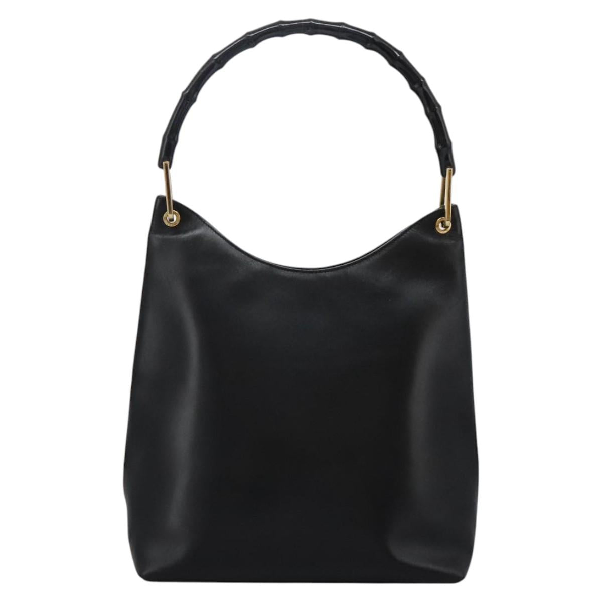 GUCCI Bamboo Shoulder Bag Leather Black Gold 001 3006 Auth yk17653