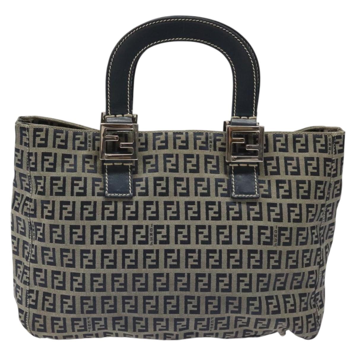 FENDI Zucchino Canvas Hand Bag Navy Silver Auth yk17654