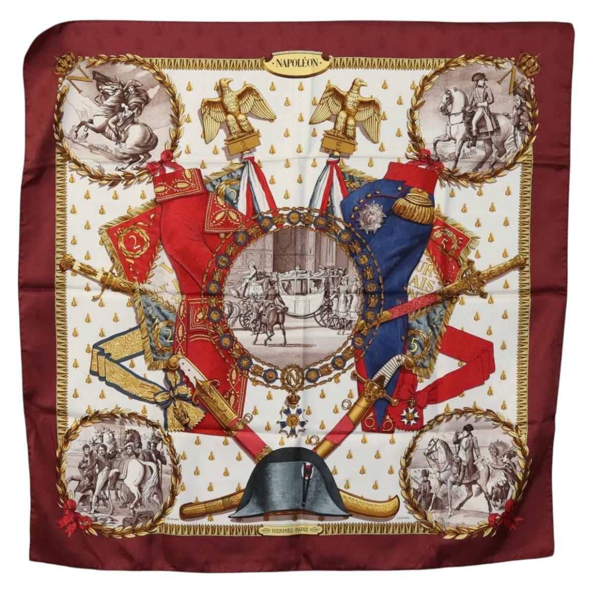 HERMES Carre 90 Scarf ""NAPOLEON"" Silk Bordeaux Auth yk17702