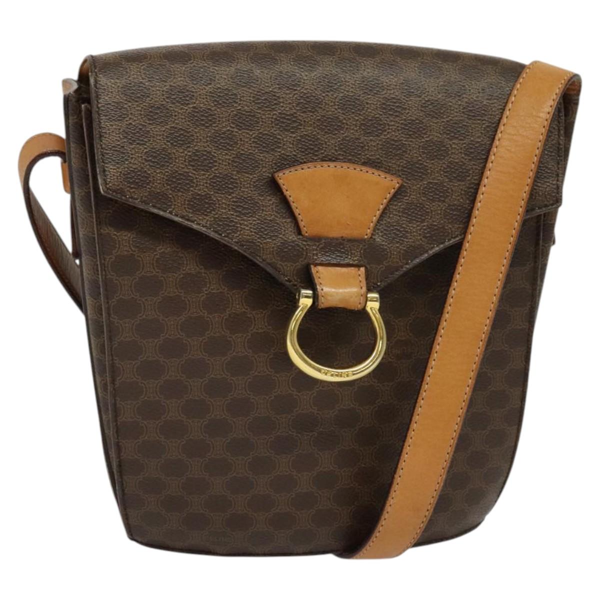 CELINE Macadam Canvas Shoulder Bag PVC Leather Brown Gold Auth yk17805