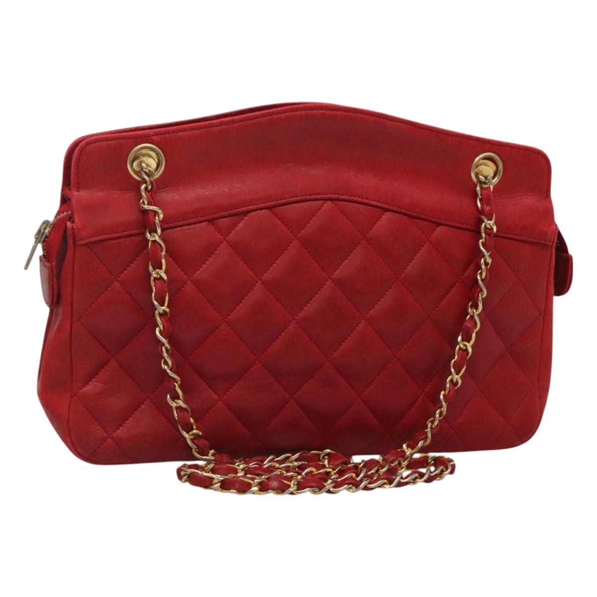 CHANEL Matelasse Chain Shoulder Bag Lamb Skin Gold Red CC Auth yk17818