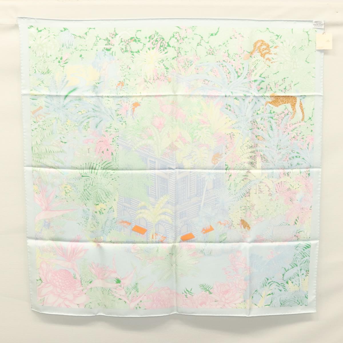 HERMES Carre 90 Scarf ""Faubourg Tropical"" Silk Green Auth yk17852