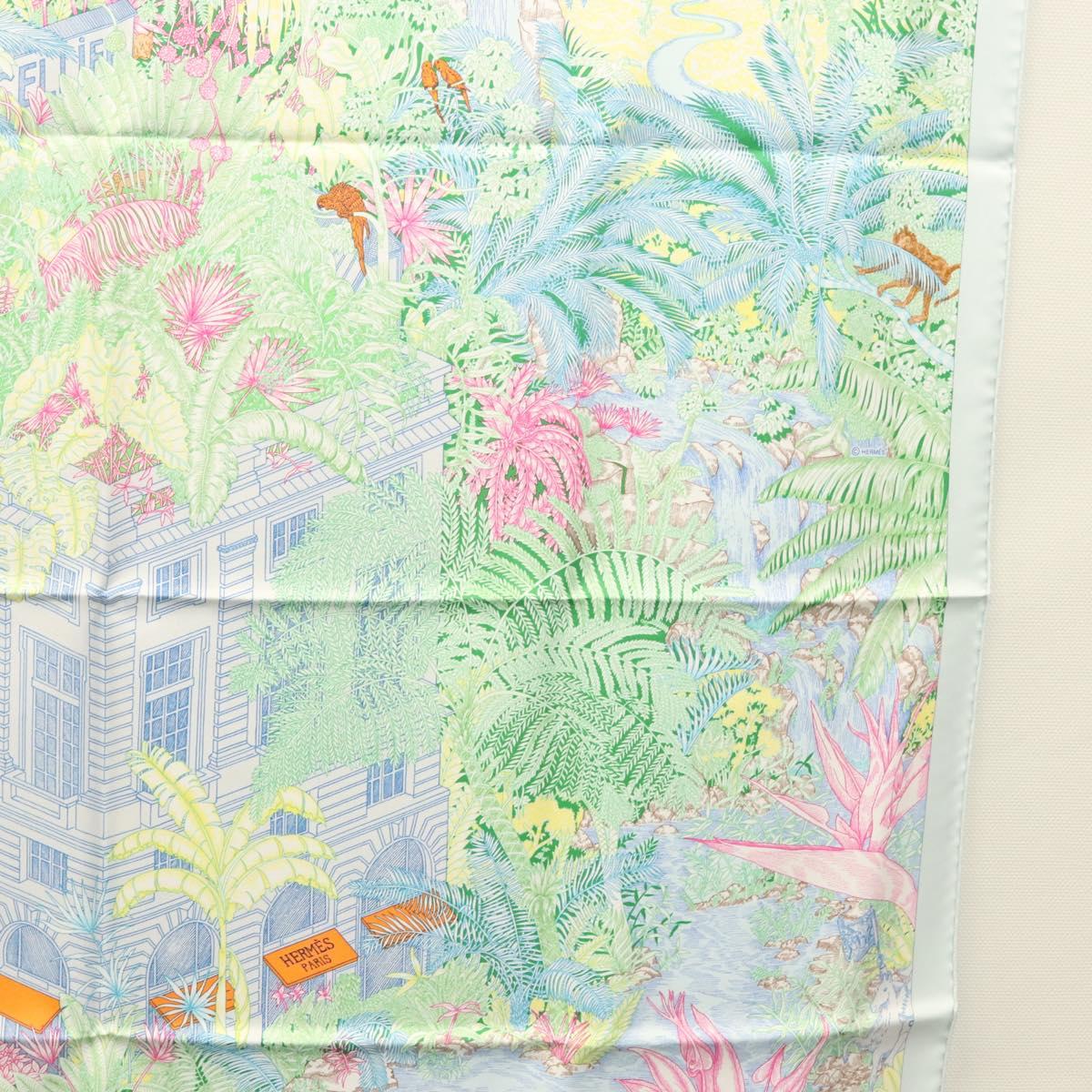HERMES Carre 90 Scarf ""Faubourg Tropical"" Silk Green Auth yk17852