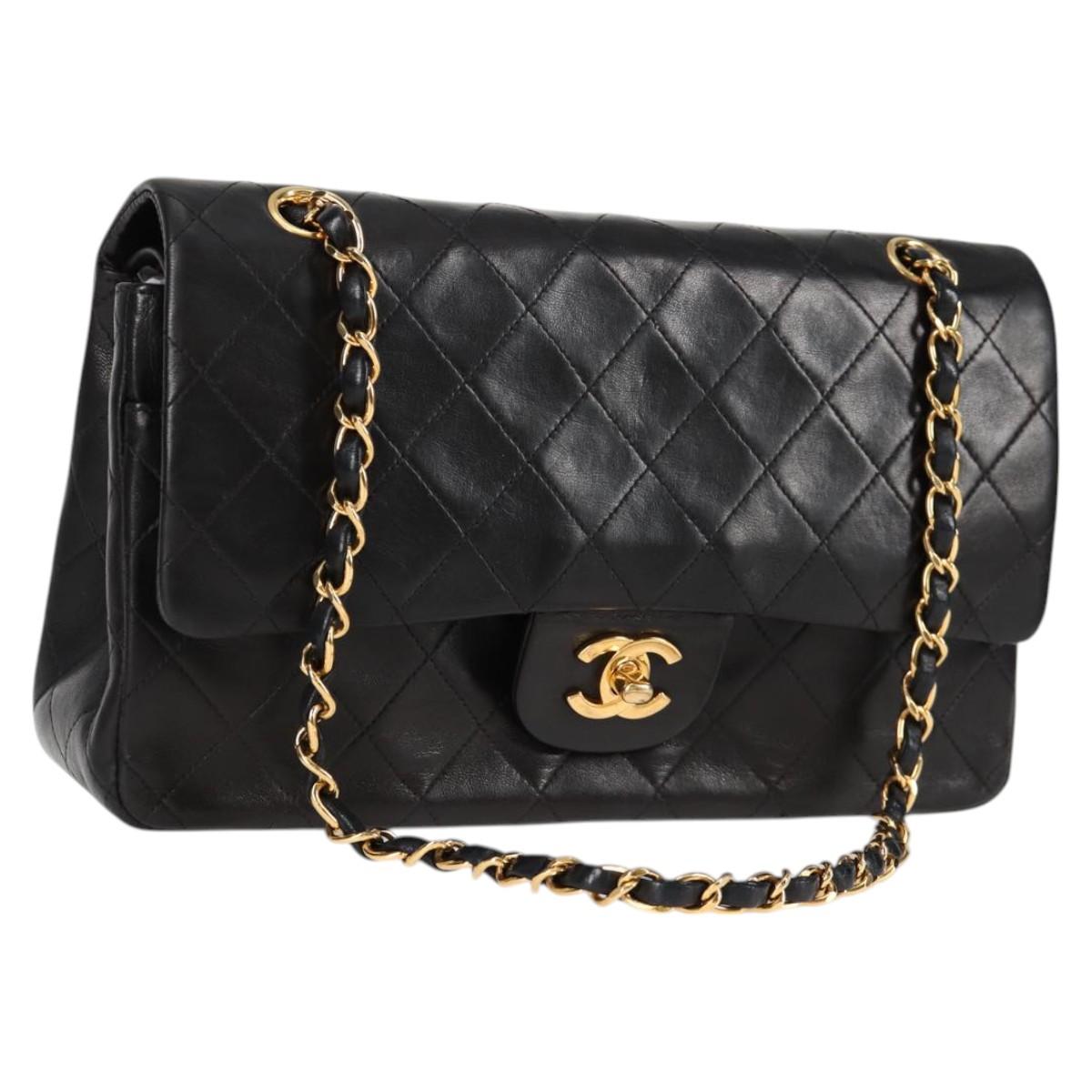 CHANEL Matelasse 25 Double Flap Chain Bag Lamb Skin Black Gold CC Auth yk17866A