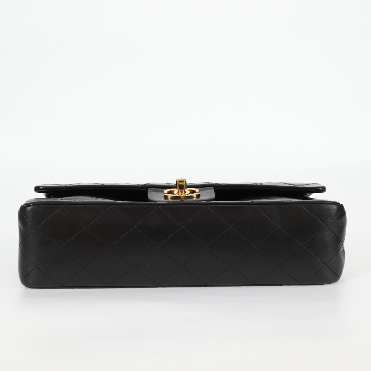 CHANEL Matelasse 25 Double Flap Chain Bag Lamb Skin Black Gold CC Auth yk17866A