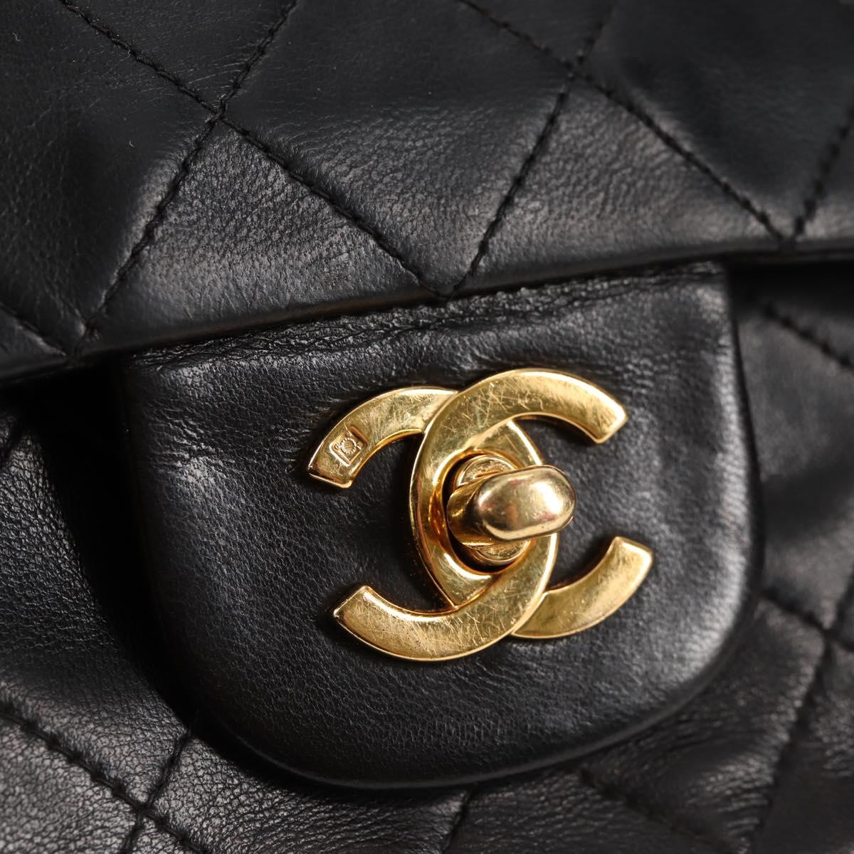 CHANEL Matelasse 25 Double Flap Chain Bag Lamb Skin Black Gold CC Auth yk17866A