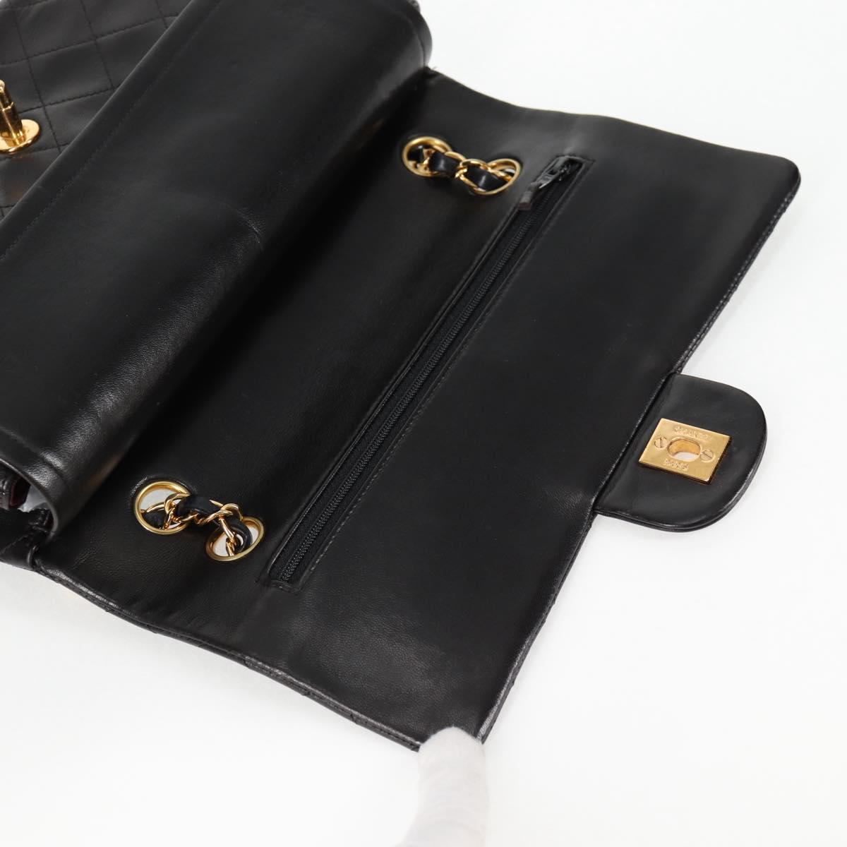 CHANEL Matelasse 25 Double Flap Chain Bag Lamb Skin Black Gold CC Auth yk17866A