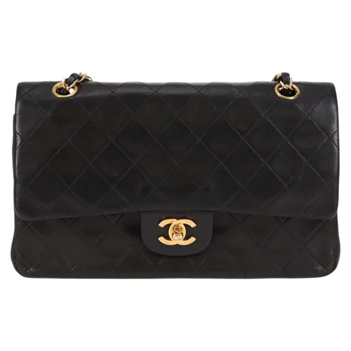 CHANEL Matelasse 25 Double Flap Chain Bag Lamb Skin Black Gold CC Auth yk17866A