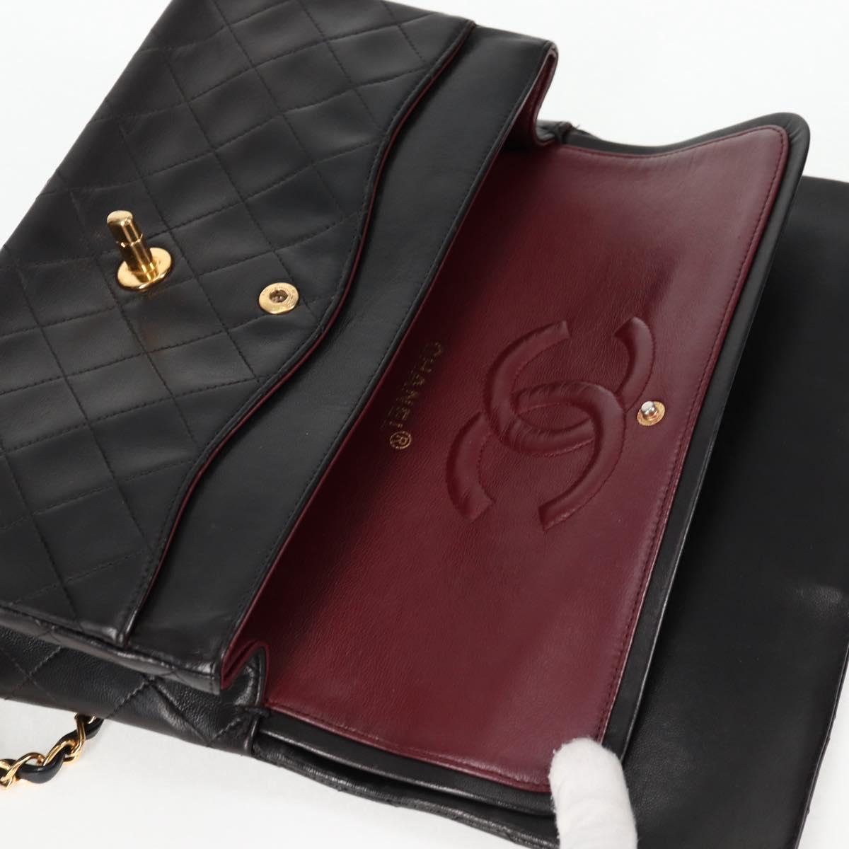 CHANEL Matelasse 25 Double Flap Chain Bag Lamb Skin Black Gold CC Auth yk17866A