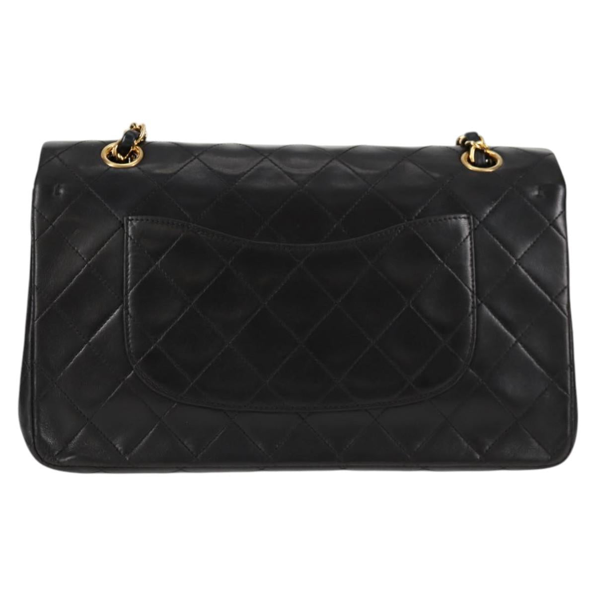 CHANEL Matelasse 25 Double Flap Chain Bag Lamb Skin Black Gold CC Auth yk17866A