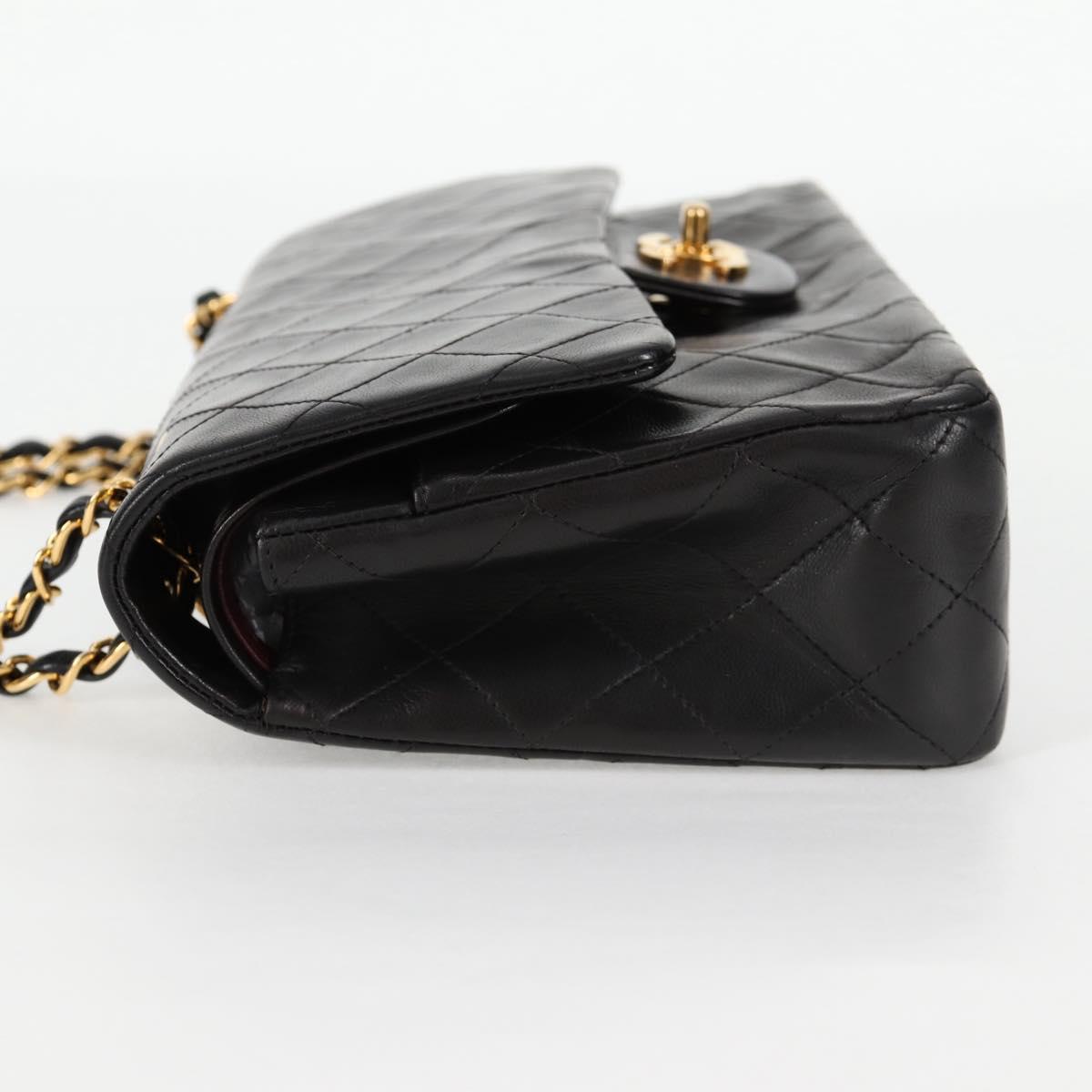 CHANEL Matelasse 25 Double Flap Chain Bag Lamb Skin Black Gold CC Auth yk17866A
