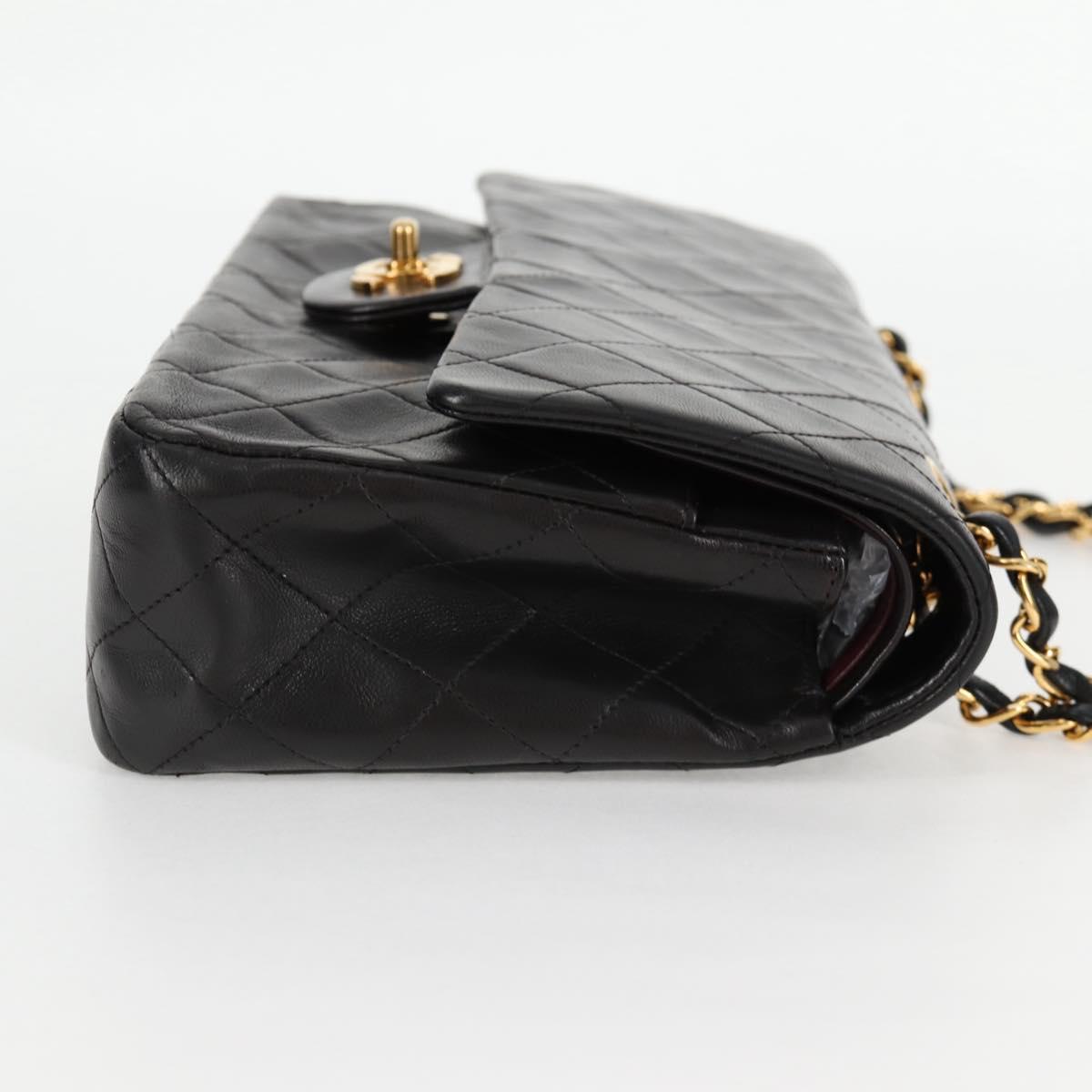 CHANEL Matelasse 25 Double Flap Chain Bag Lamb Skin Black Gold CC Auth yk17866A