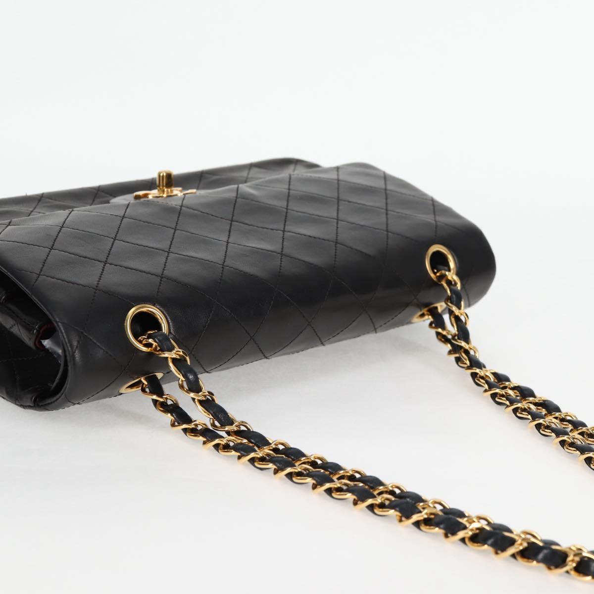 CHANEL Matelasse 25 Double Flap Chain Bag Lamb Skin Black Gold CC Auth yk17866A