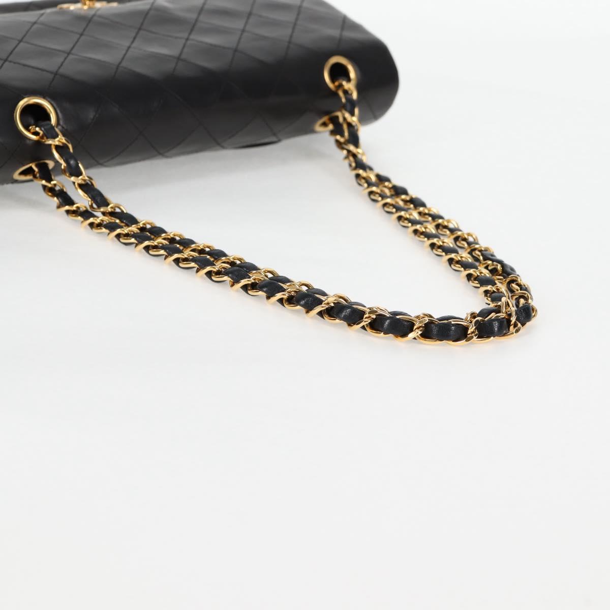 CHANEL Matelasse 25 Double Flap Chain Bag Lamb Skin Black Gold CC Auth yk17866A