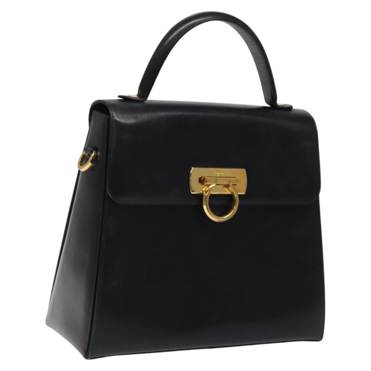 Salvatore Ferragamo Gancini Hand Bag Leather Black Gold Auth yk17898
