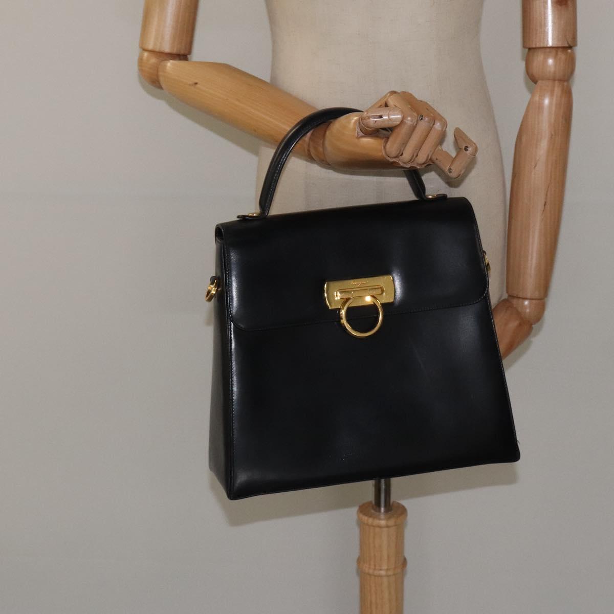 Salvatore Ferragamo Gancini Hand Bag Leather Black Gold Auth yk17898
