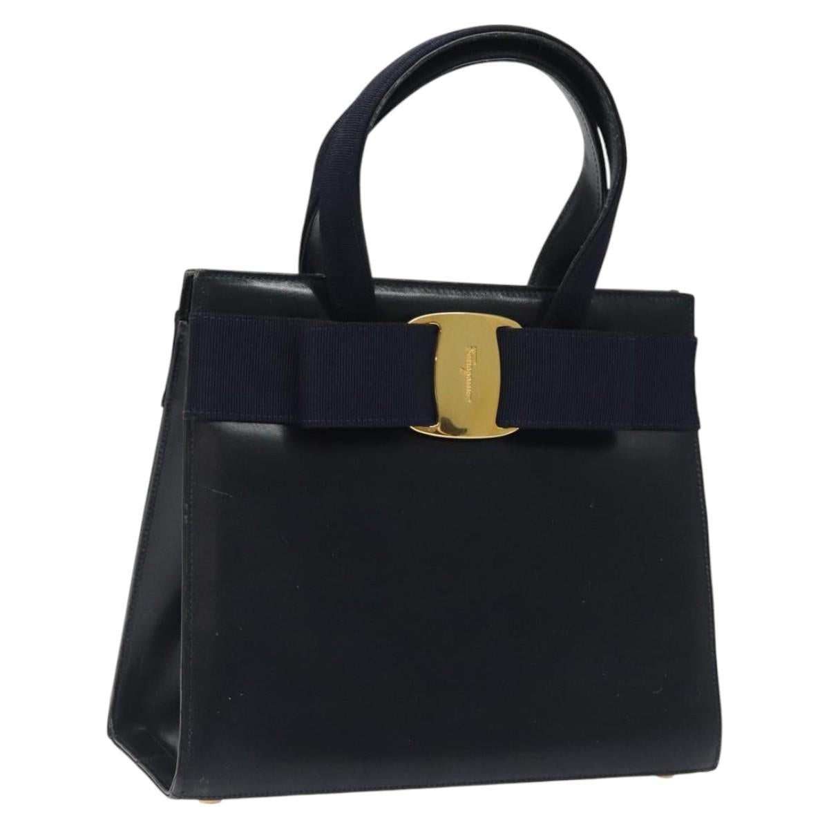 Salvatore Ferragamo Vala Hand Bag Leather Navy Gold Auth yk17899