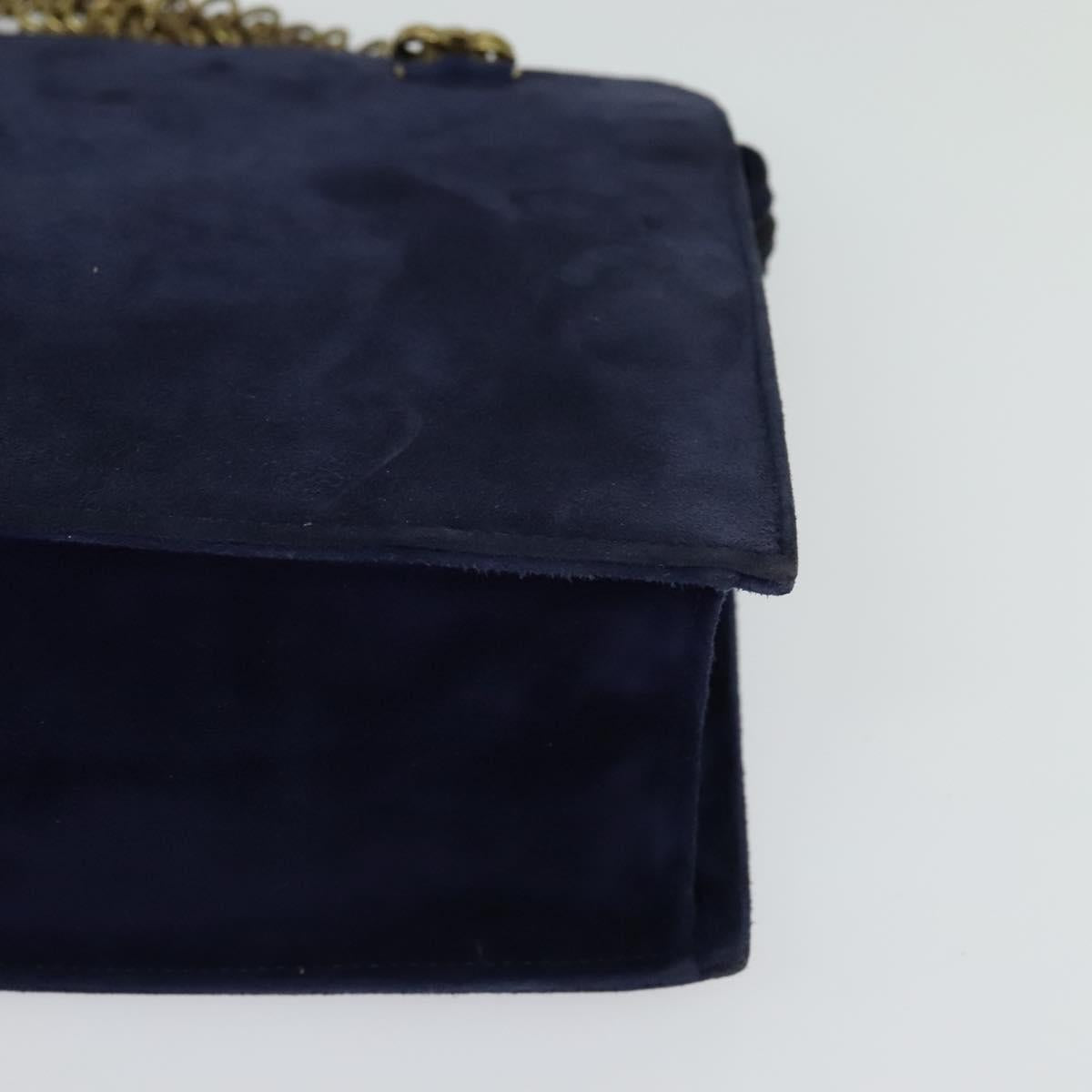 PRADA Chain Hand Bag Suede Navy Gold Auth yk17929