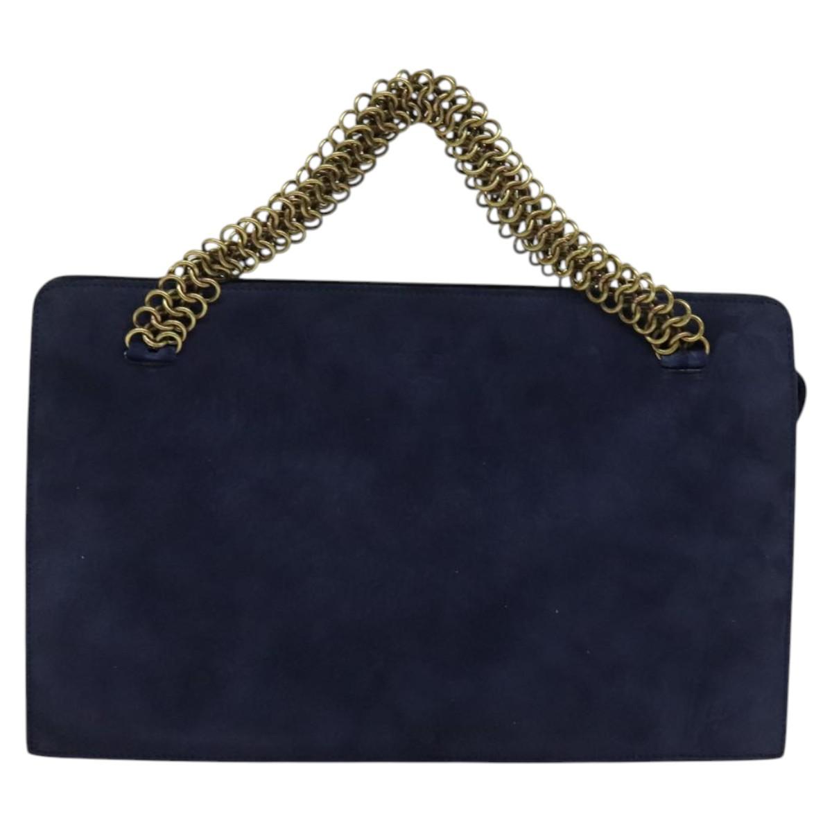 PRADA Chain Hand Bag Suede Navy Gold Auth yk17929