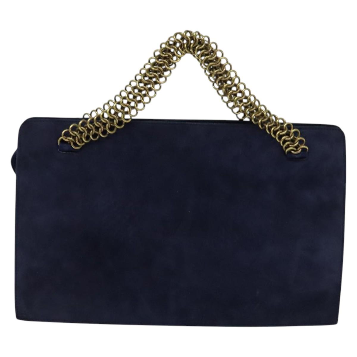PRADA Chain Hand Bag Suede Navy Gold Auth yk17929
