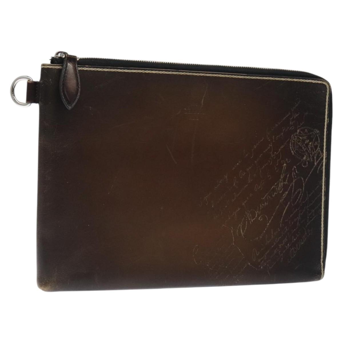 Berluti Calligraphy Clutch Bag Leather Brown Silver Auth yk17944