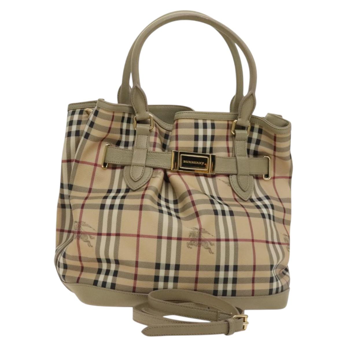 BURBERRY Nova Check Hand Bag PVC Leather 2way Beige Gold Auth yk17998