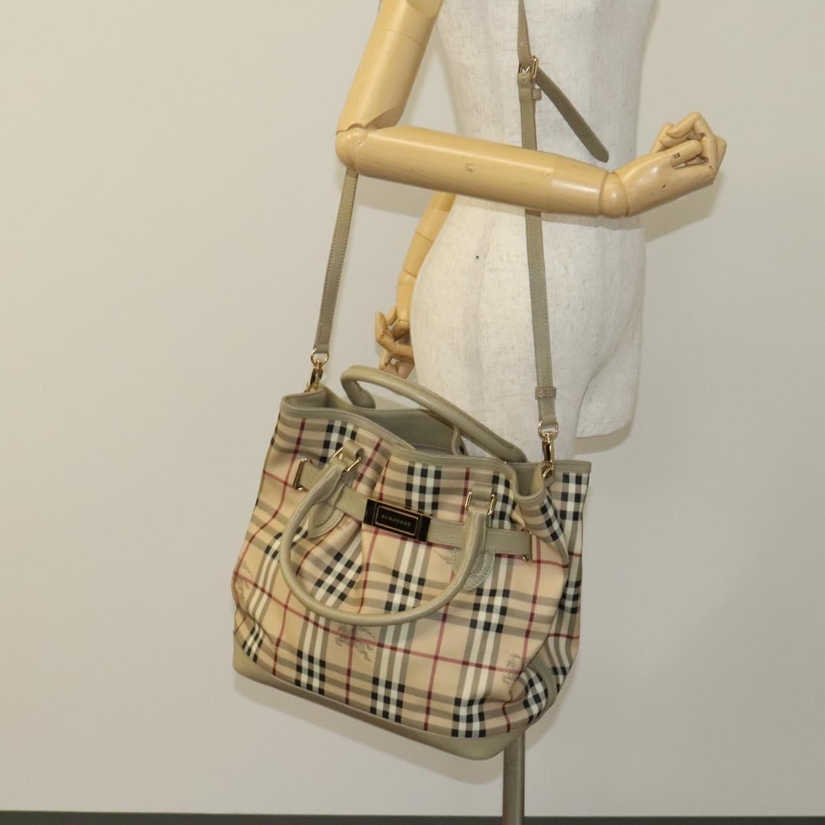 BURBERRY Nova Check Hand Bag PVC Leather 2way Beige Gold Auth yk17998