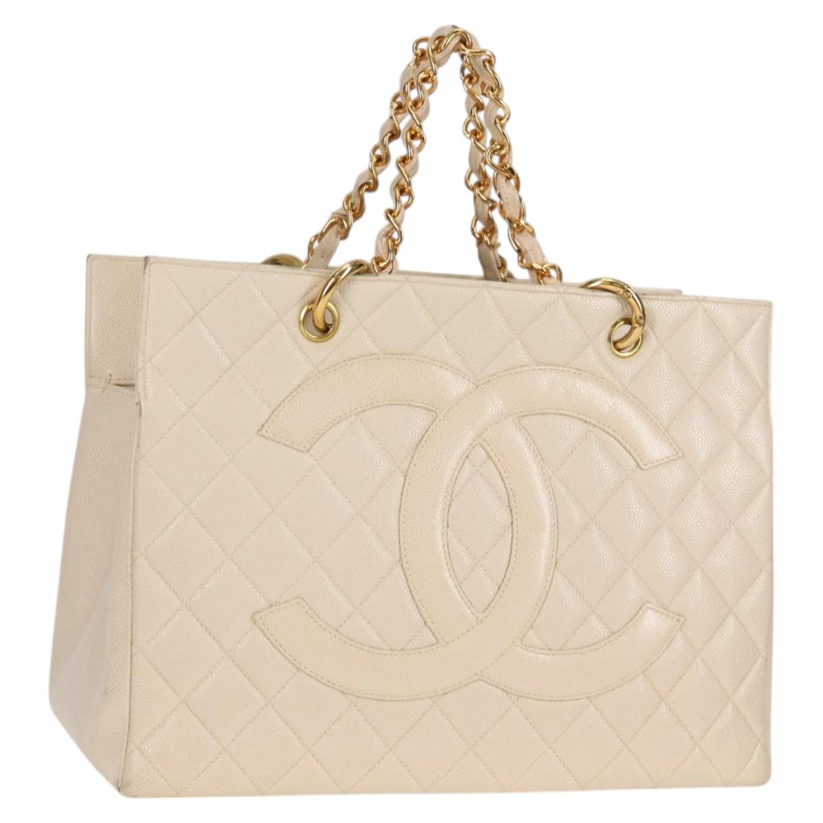 CHANEL Matelasse COCO Mark Chain Tote Bag Calf Skin Vanilla Gold CC Auth yk18012