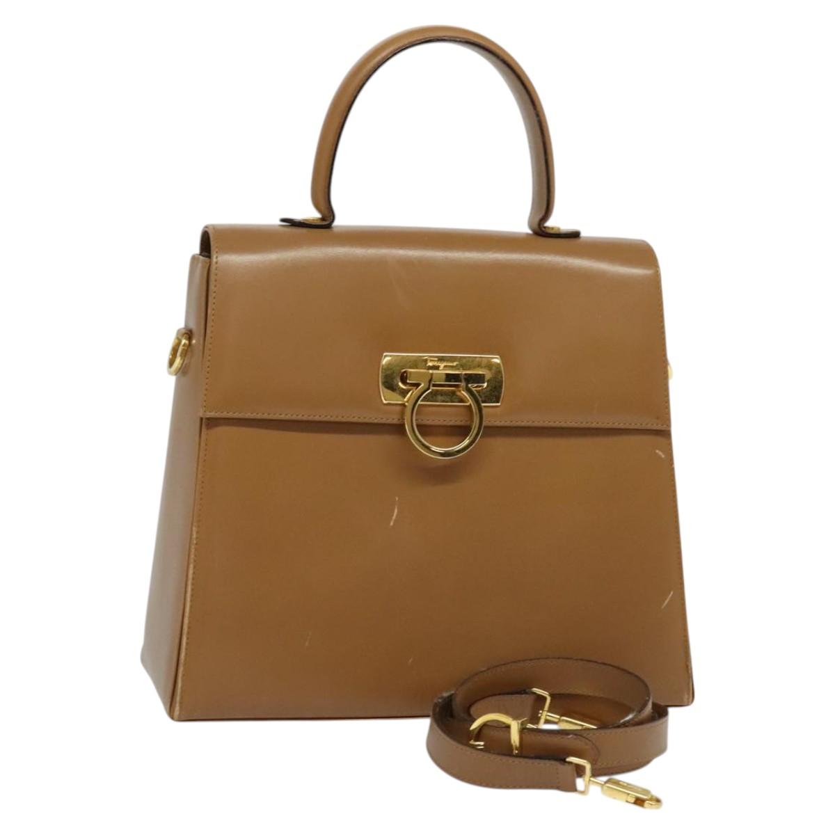 Salvatore Ferragamo Gancini Hand Bag Leather 2way Brown Gold Auth yk18061