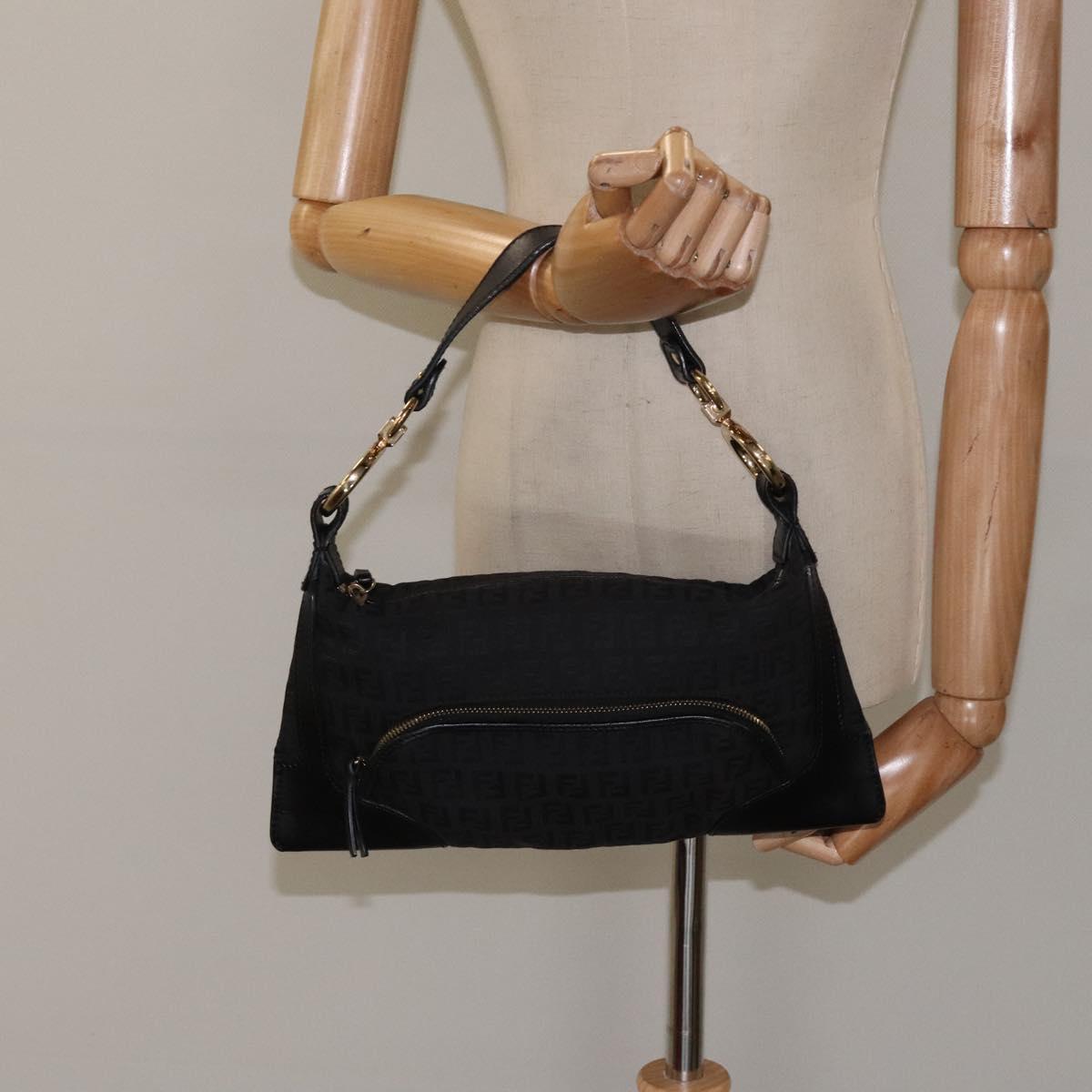 FENDI Zucchino Canvas Hand Bag Black Gold Auth yk18069