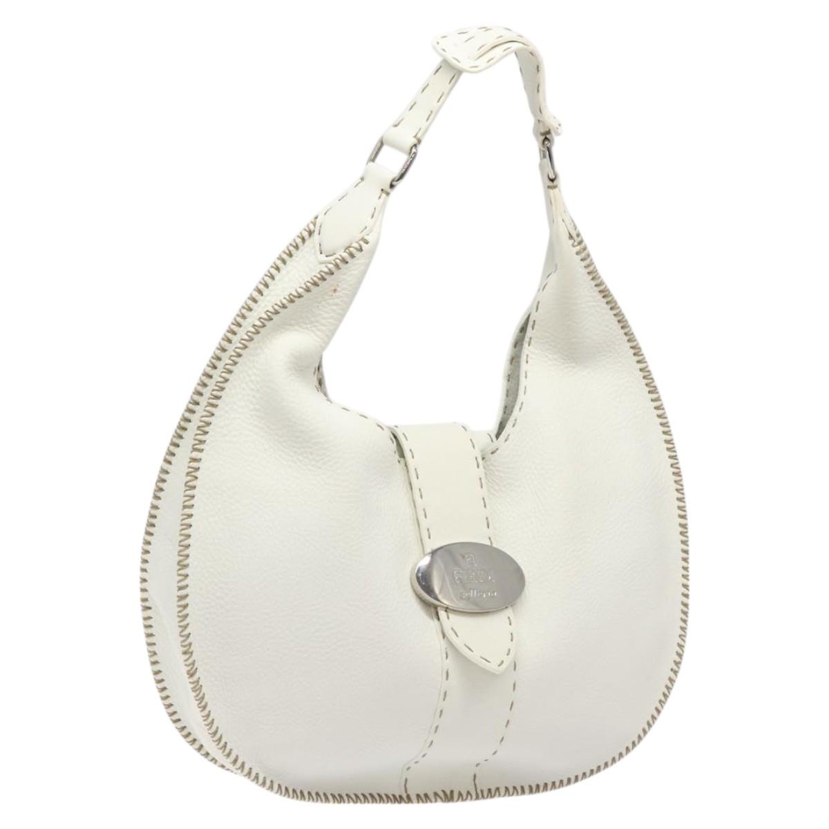 FENDI Celeria Shoulder Bag Leather Silver White Auth yk18082