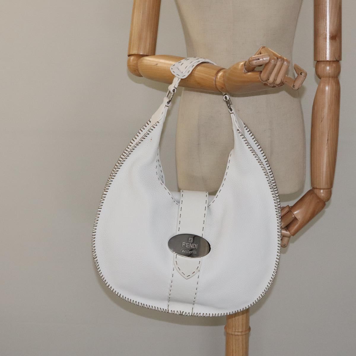 FENDI Celeria Shoulder Bag Leather Silver White Auth yk18082