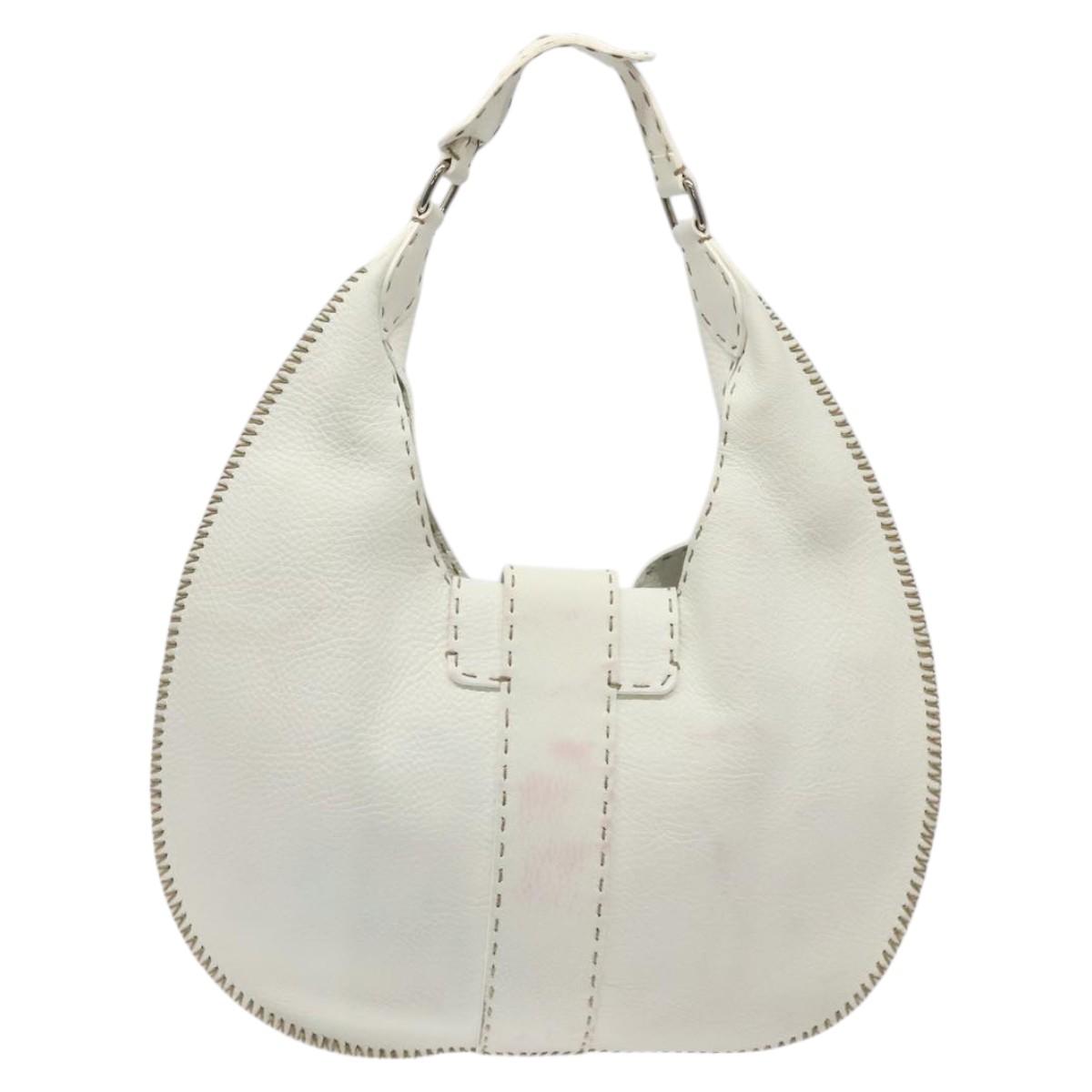 FENDI Celeria Shoulder Bag Leather Silver White Auth yk18082