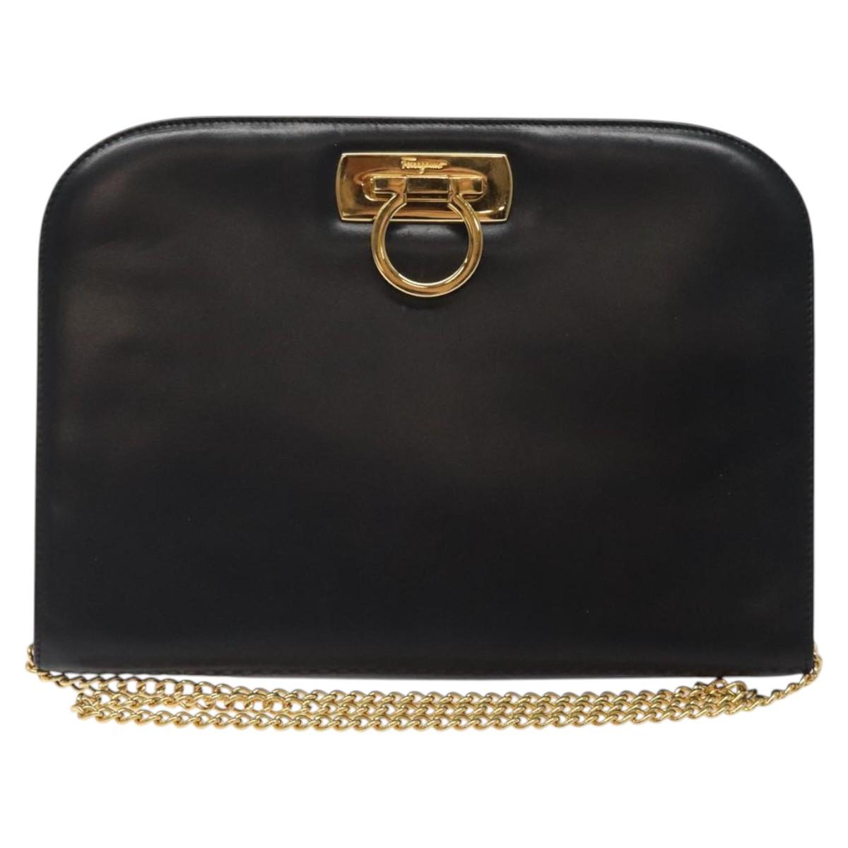 Salvatore Ferragamo Gancini Chain Shoulder Bag Leather Black Gold Auth yk18121