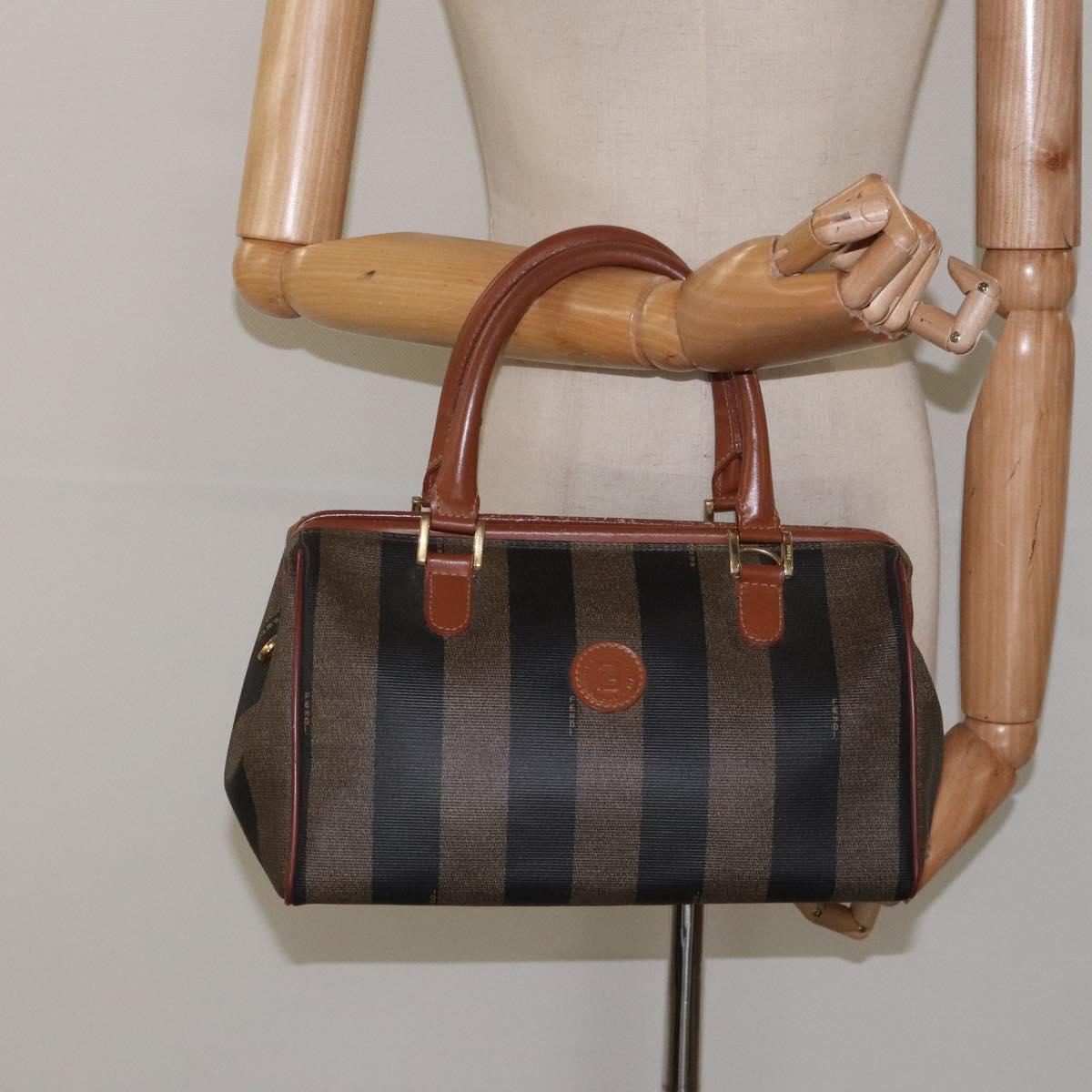 FENDI Pecan Canvas Hand Bag Brown Black gold Auth yk18138
