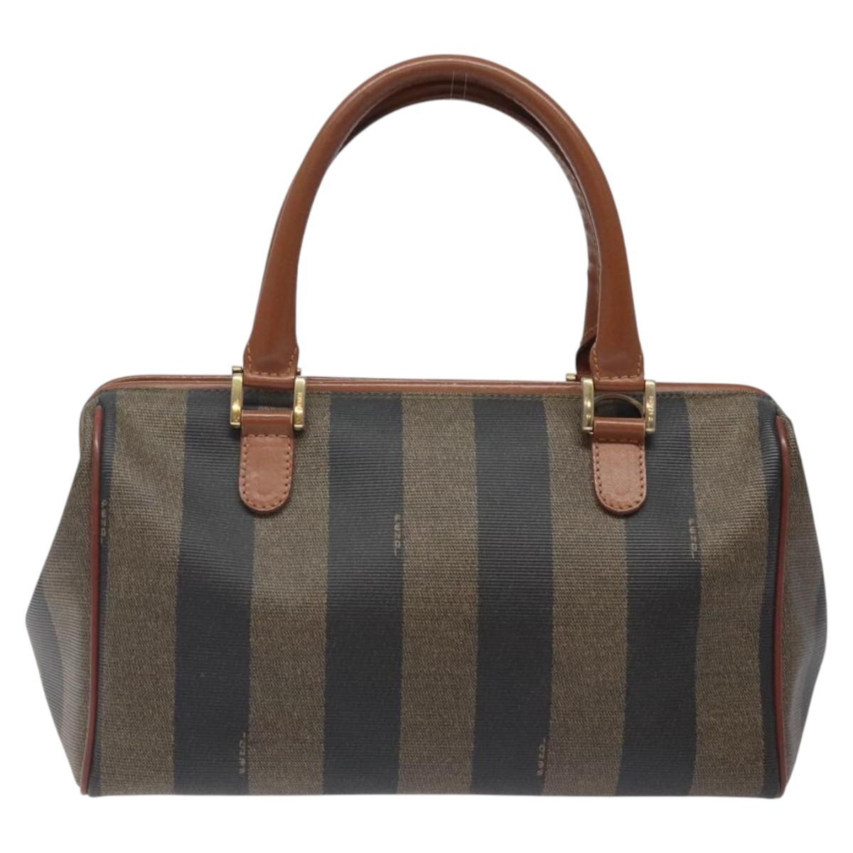 FENDI Pecan Canvas Hand Bag Brown Black gold Auth yk18138