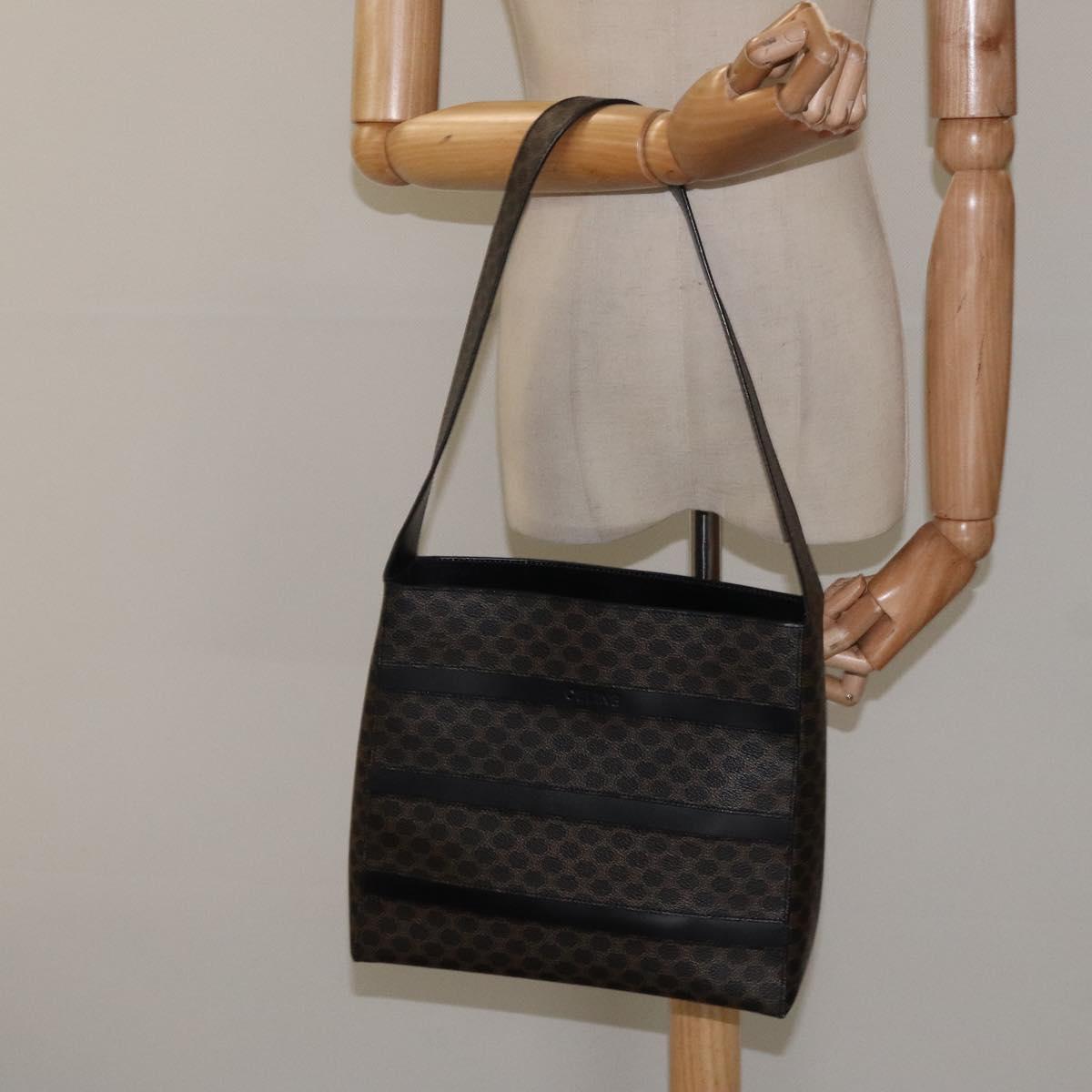 CELINE Macadam Canvas Shoulder Bag PVC Leather Black Gold Auth yk18139