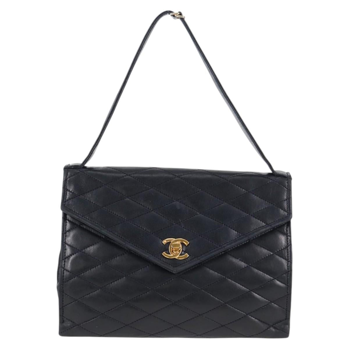 CHANEL Matelasse Hand Bag Lamb Skin Navy Gold CC Auth yk18152