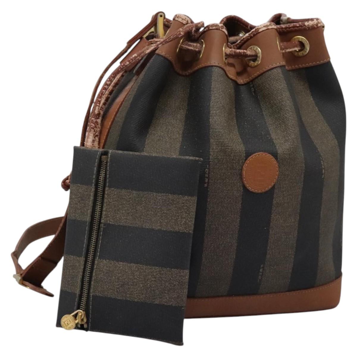 FENDI Pecan Canvas Shoulder Bag PVC Brown Black gold Auth yk18186