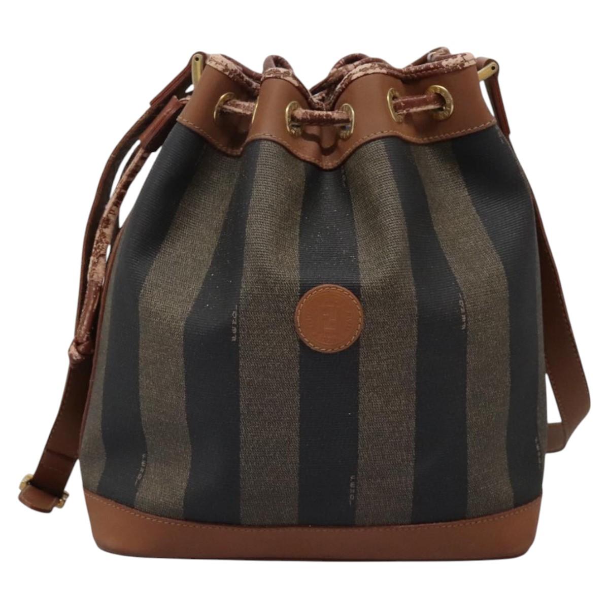 FENDI Pecan Canvas Shoulder Bag PVC Brown Black gold Auth yk18186