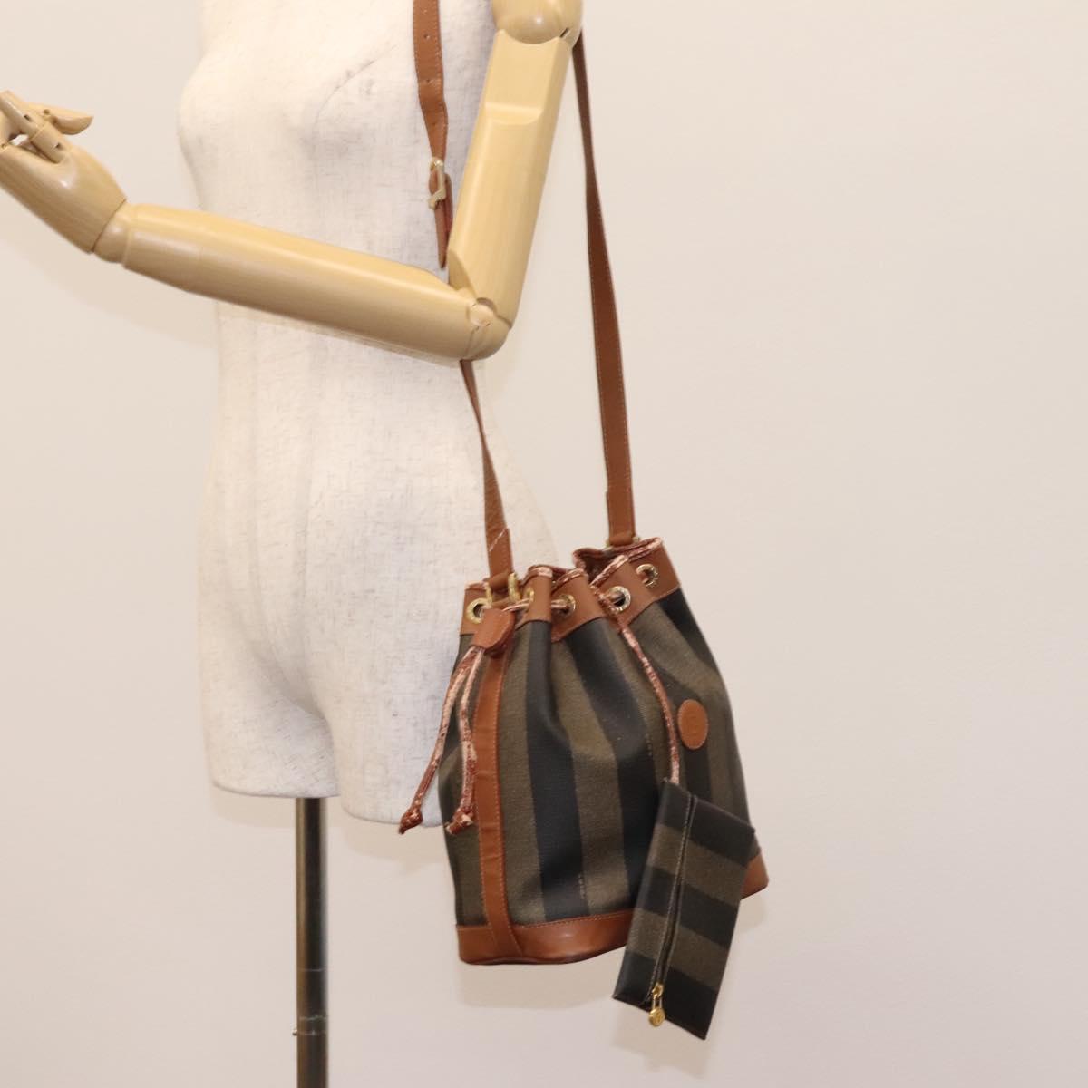 FENDI Pecan Canvas Shoulder Bag PVC Brown Black gold Auth yk18186