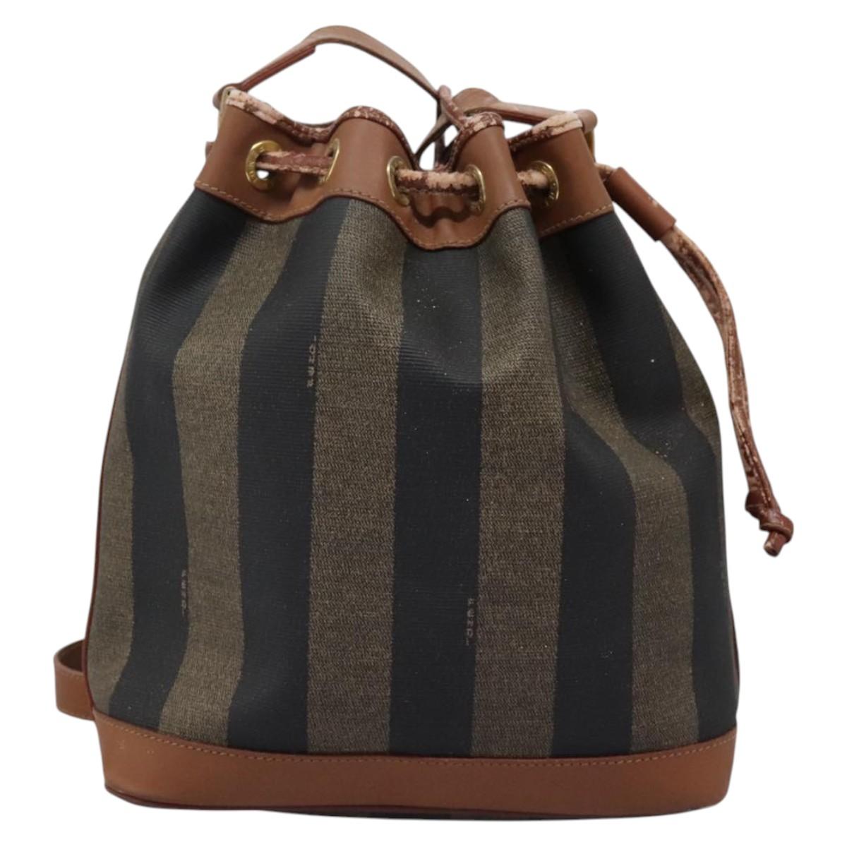 FENDI Pecan Canvas Shoulder Bag PVC Brown Black gold Auth yk18186