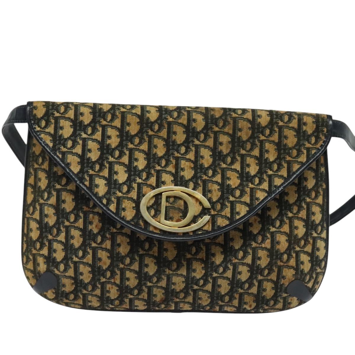 Christian Dior Trotter Canvas Shoulder Bag Navy Gold Auth yk18204
