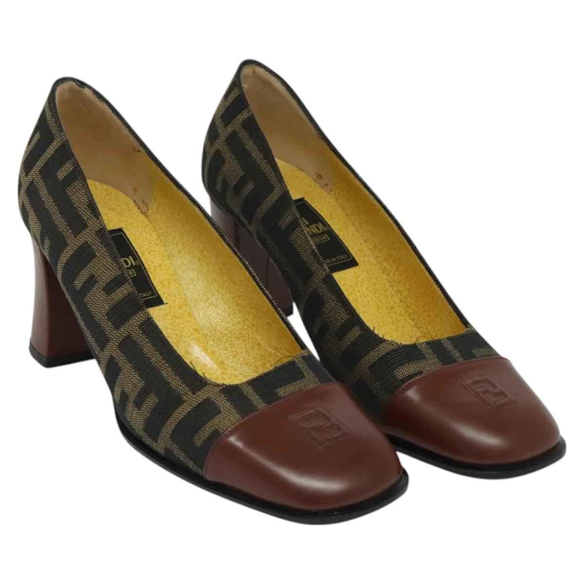 FENDI Zucca Canvas Pumps 36 Pumps Brown Black gold Auth yk18254