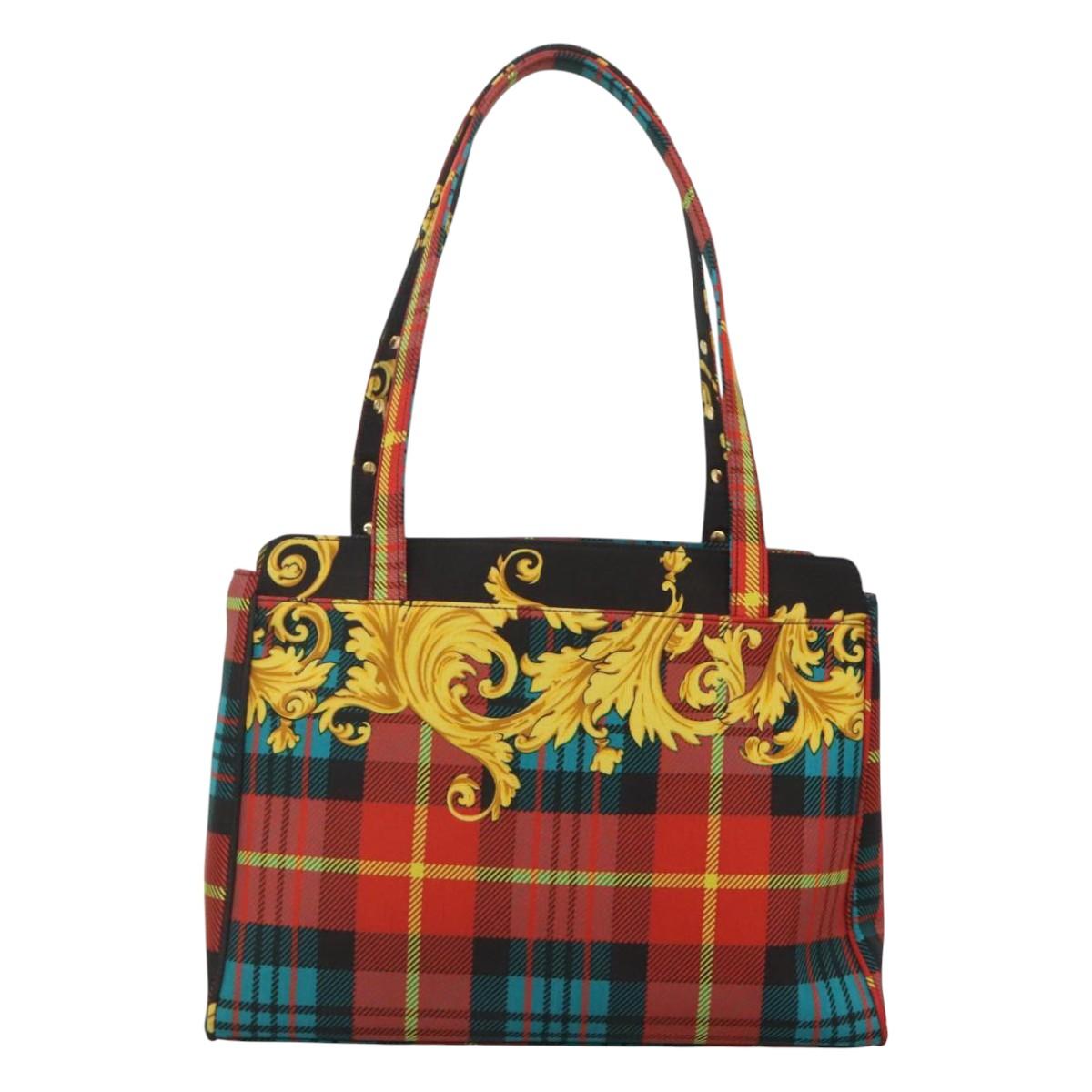 VERSACE Tote Bag Canvas Red Gold Auth yk18395