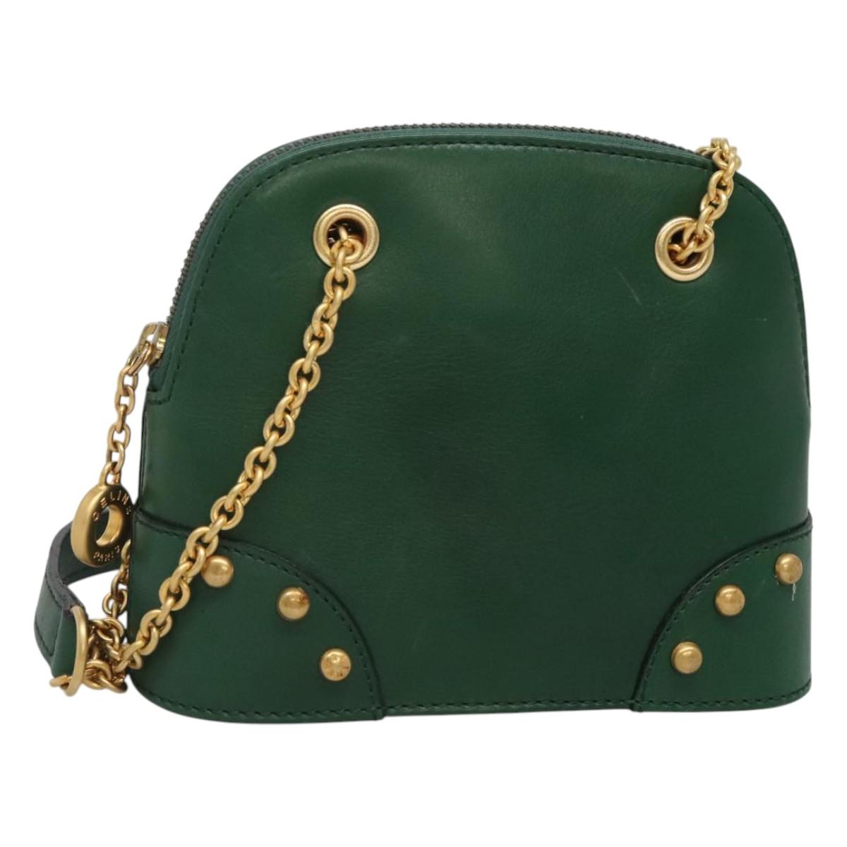 CELINE Chain Shoulder Bag Leather Green Gold Auth yk18399