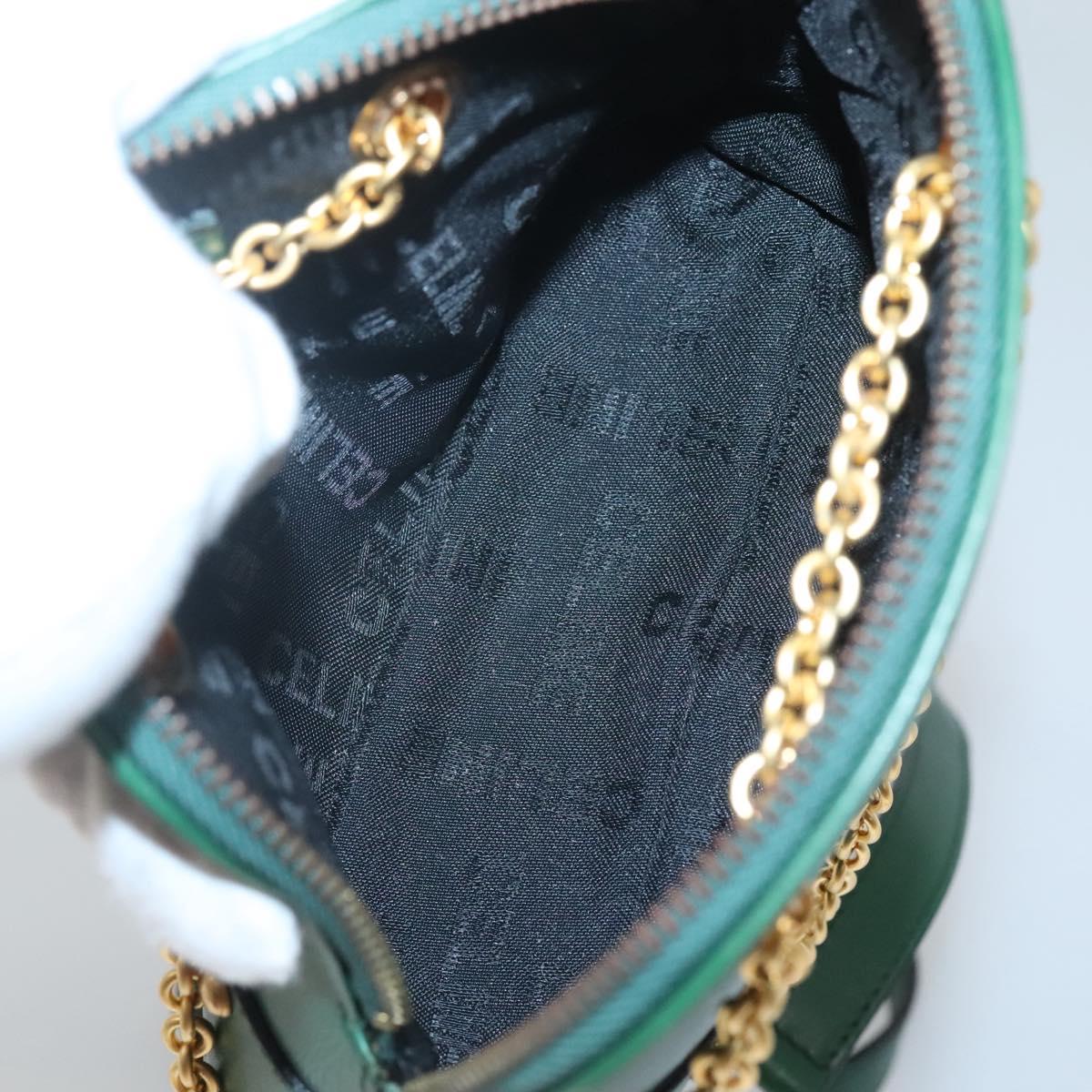 CELINE Chain Shoulder Bag Leather Green Gold Auth yk18399
