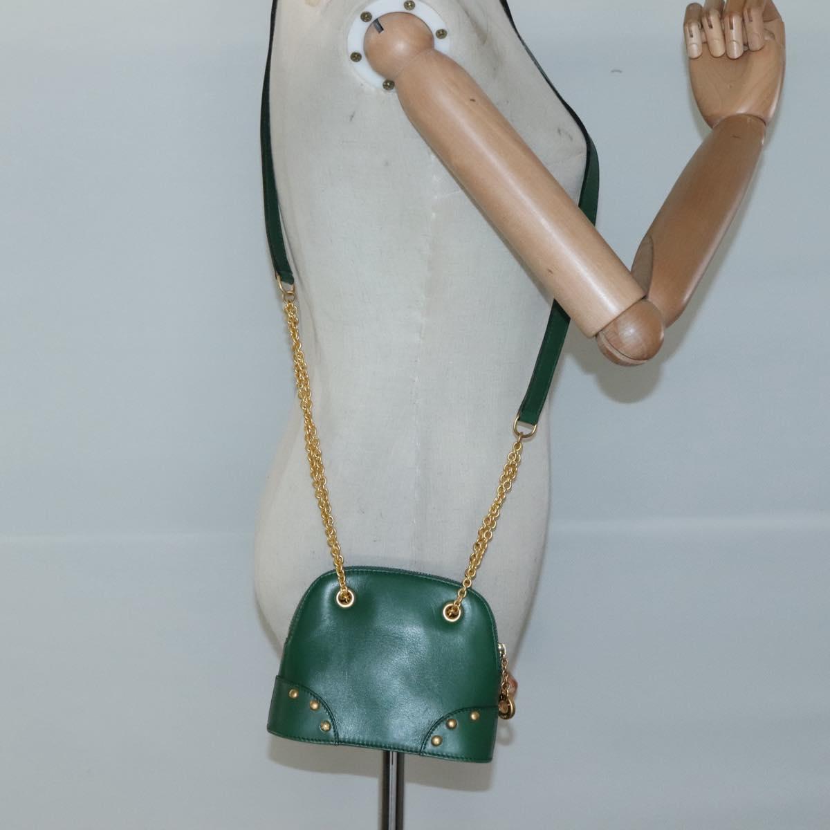 CELINE Chain Shoulder Bag Leather Green Gold Auth yk18399