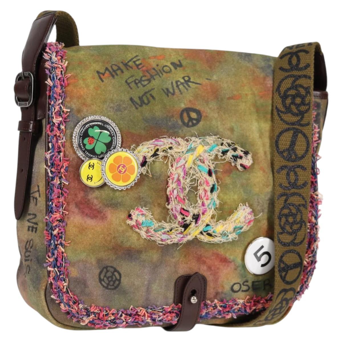 CHANEL Embroidery Graffiti Shoulder Bag Canvas Leather Khaki CC Auth yk18413SM